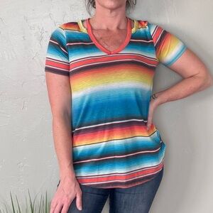 Avery Sunset Serape Striped V-Neck Cutout Short Sleeve Shirt
